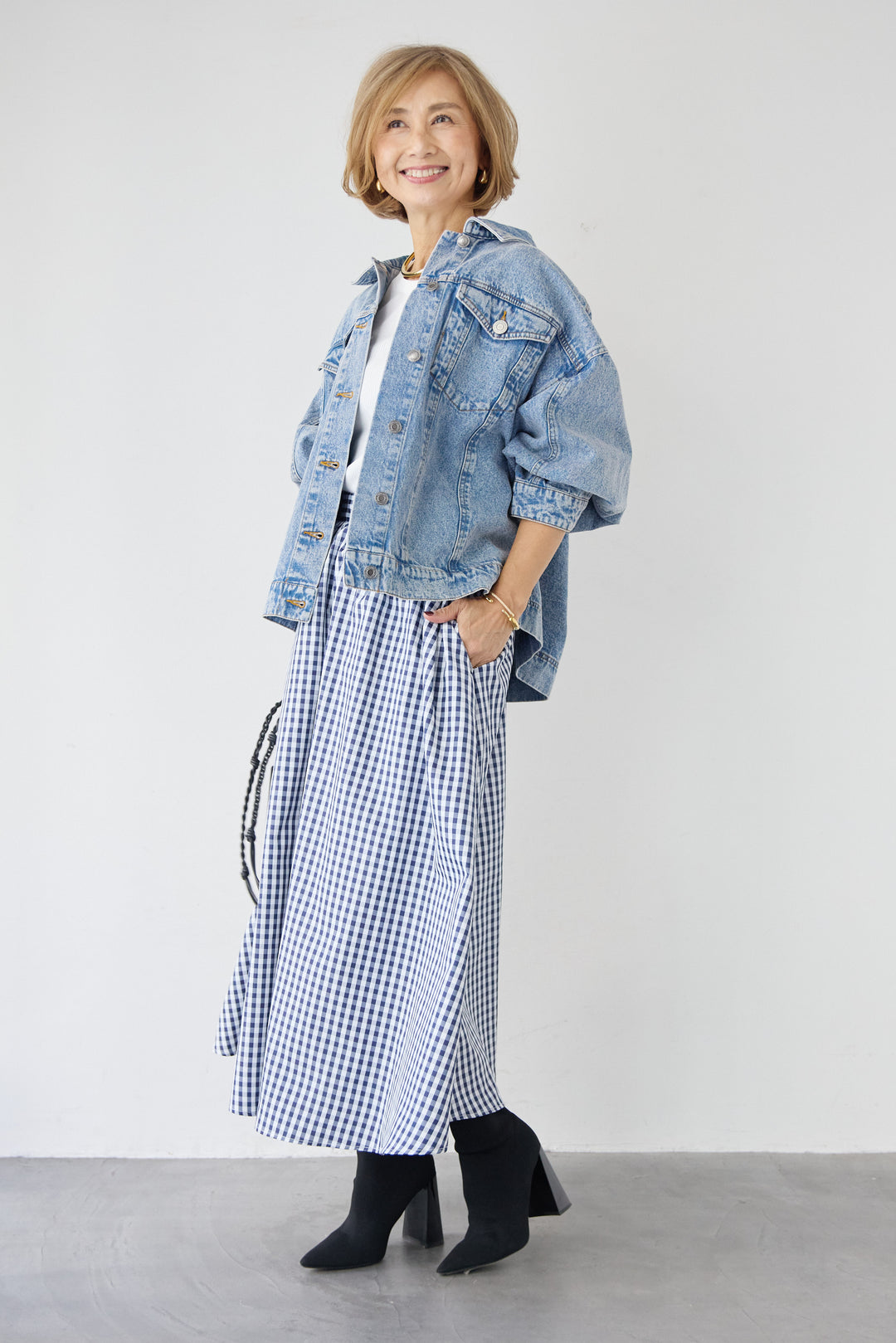 [SET]ビンテージライクGジャン+ギンガムチェックギャザースカート(2set)