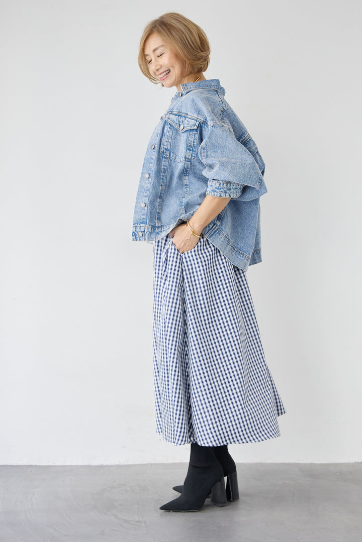[SET]ビンテージライクGジャン+ギンガムチェックギャザースカート(2set)