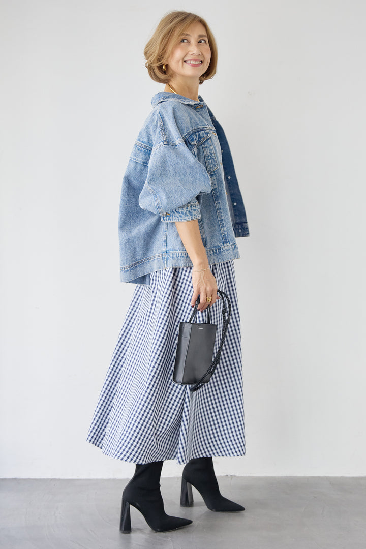 [SET]ビンテージライクGジャン+ギンガムチェックギャザースカート(2set)