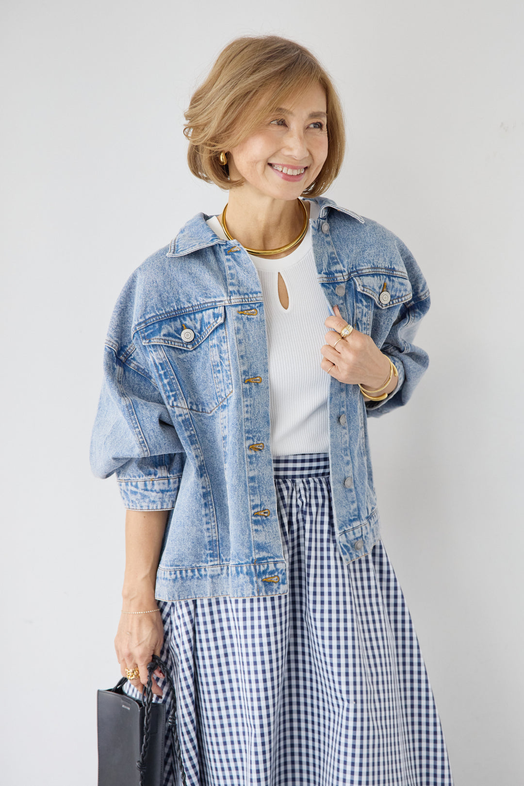 [SET]ビンテージライクGジャン+ギンガムチェックギャザースカート(2set)