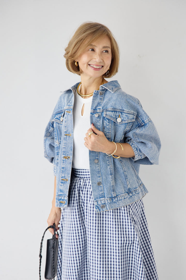 [SET]ビンテージライクGジャン+ギンガムチェックギャザースカート(2set)