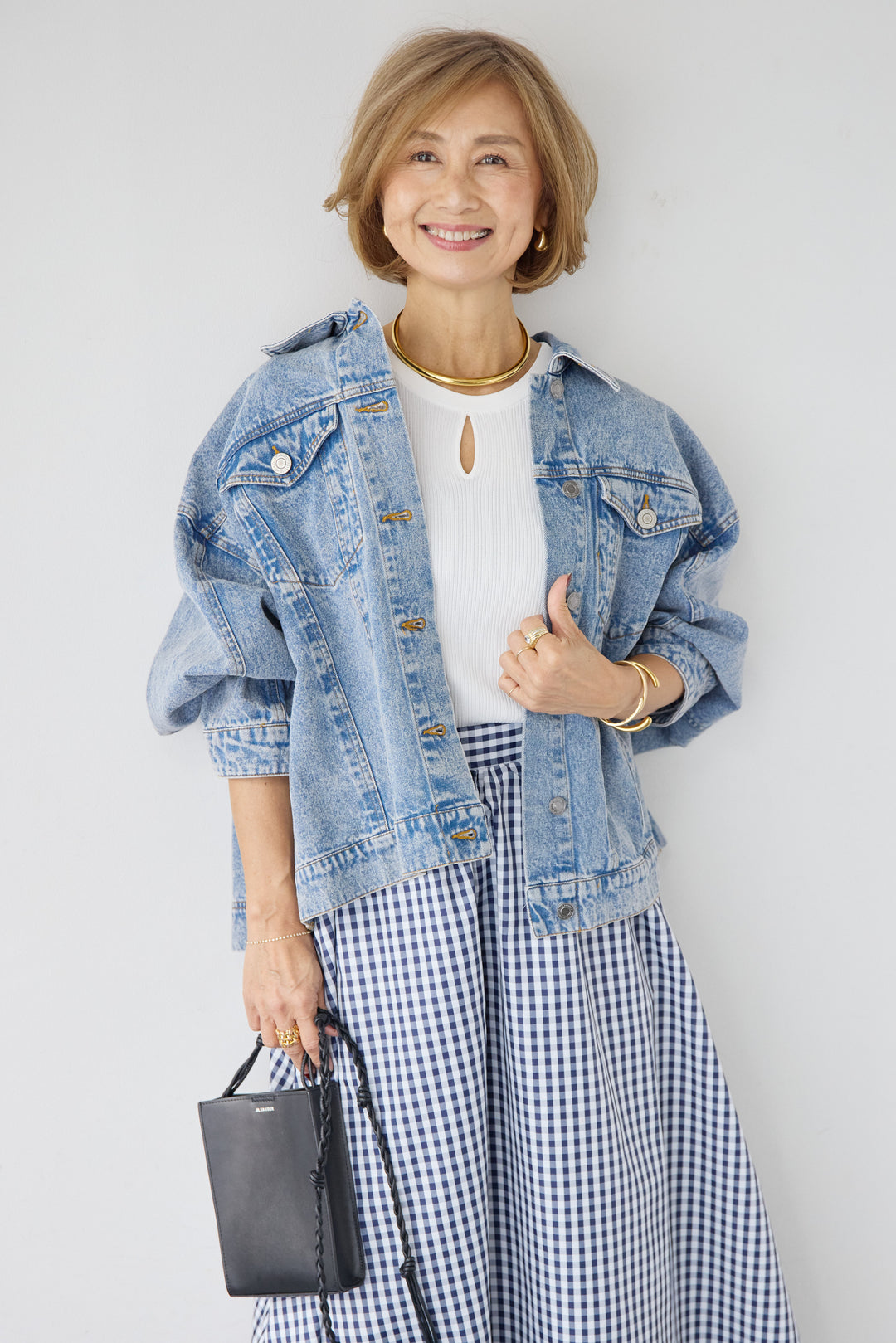 [SET]ビンテージライクGジャン+ギンガムチェックギャザースカート(2set)