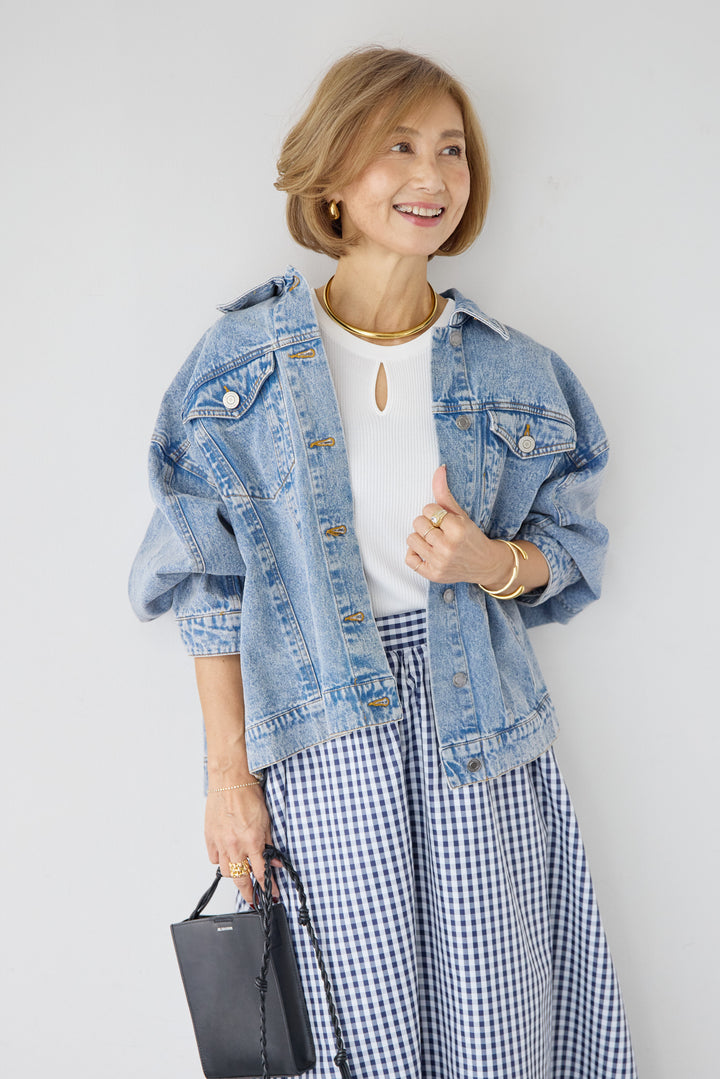 [SET]ビンテージライクGジャン+ギンガムチェックギャザースカート(2set)