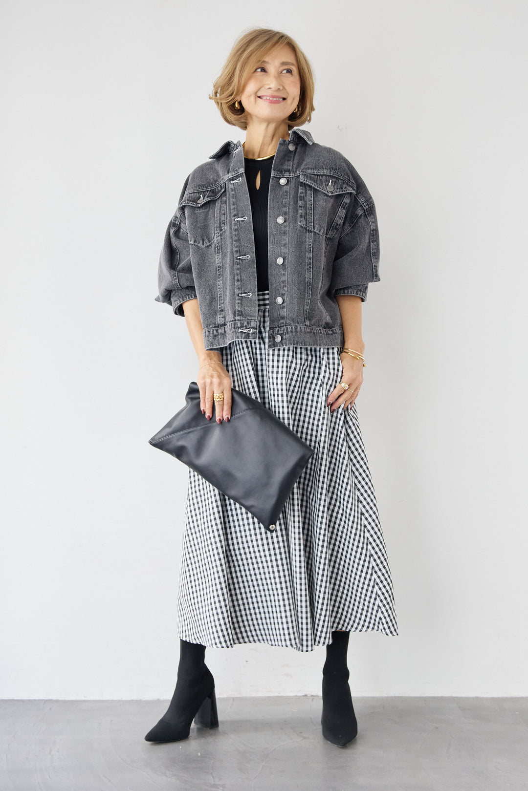 [SET]ビンテージライクGジャン+ギンガムチェックギャザースカート(2set)