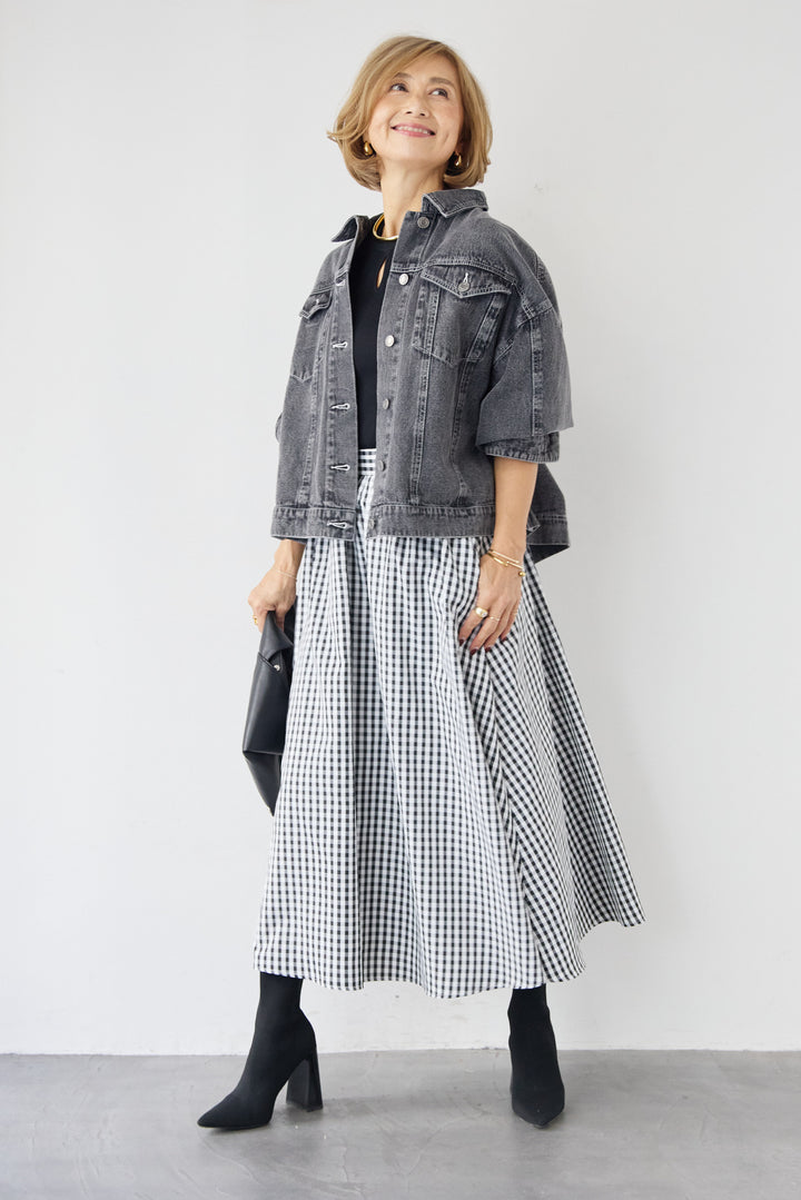 [SET]ビンテージライクGジャン+ギンガムチェックギャザースカート(2set)