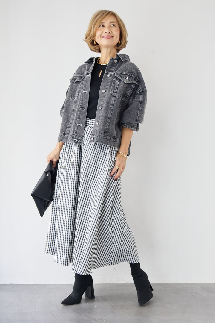 [SET]ビンテージライクGジャン+ギンガムチェックギャザースカート(2set)