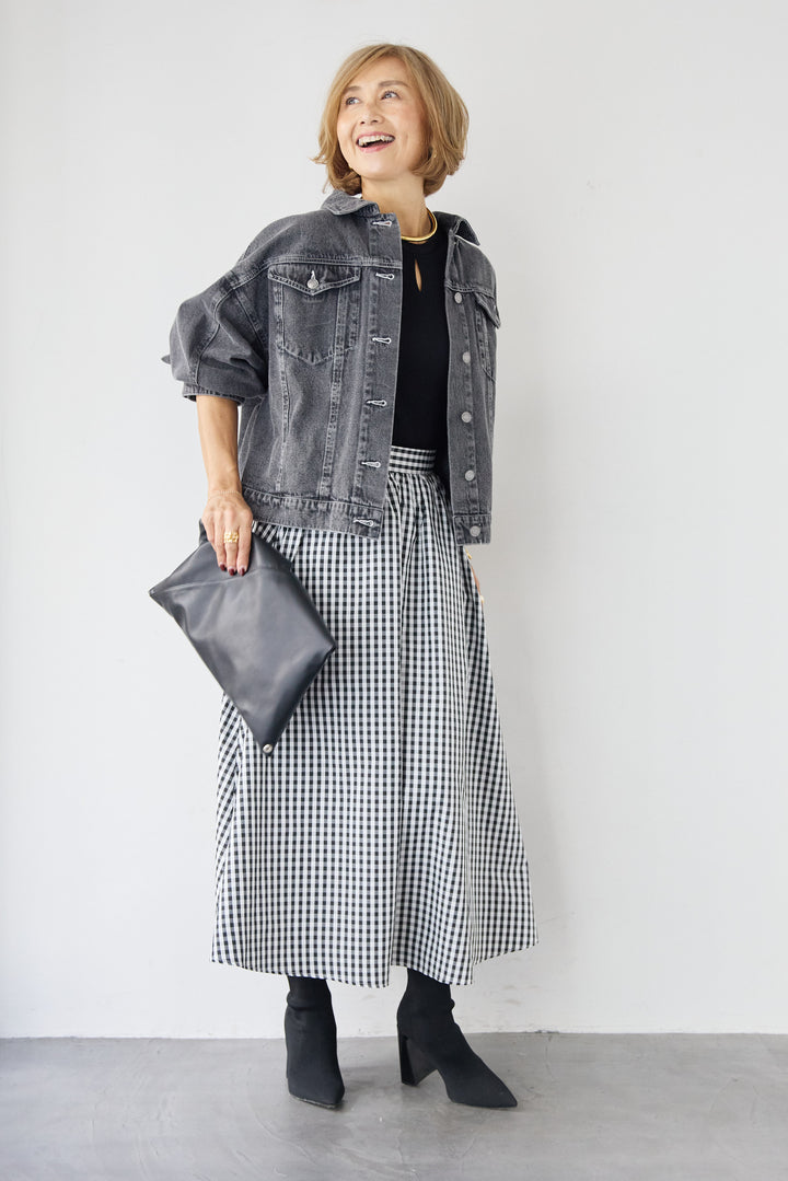[SET]ビンテージライクGジャン+ギンガムチェックギャザースカート(2set)