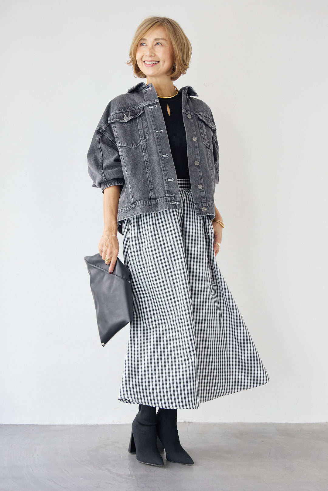 [SET]ビンテージライクGジャン+ギンガムチェックギャザースカート(2set)