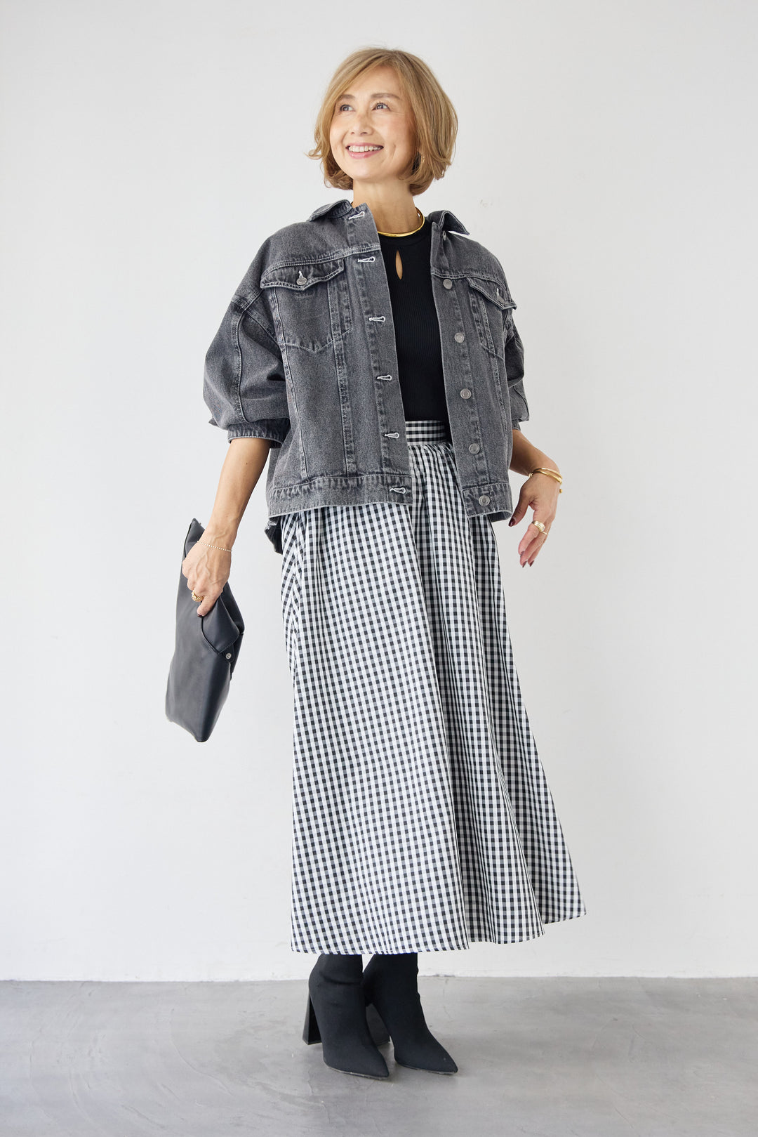 [SET]ビンテージライクGジャン+ギンガムチェックギャザースカート(2set)