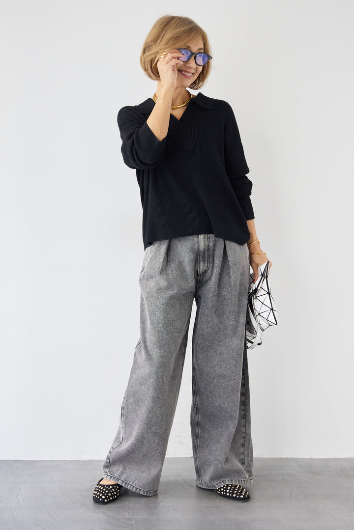 スキッパーカラーリブニット