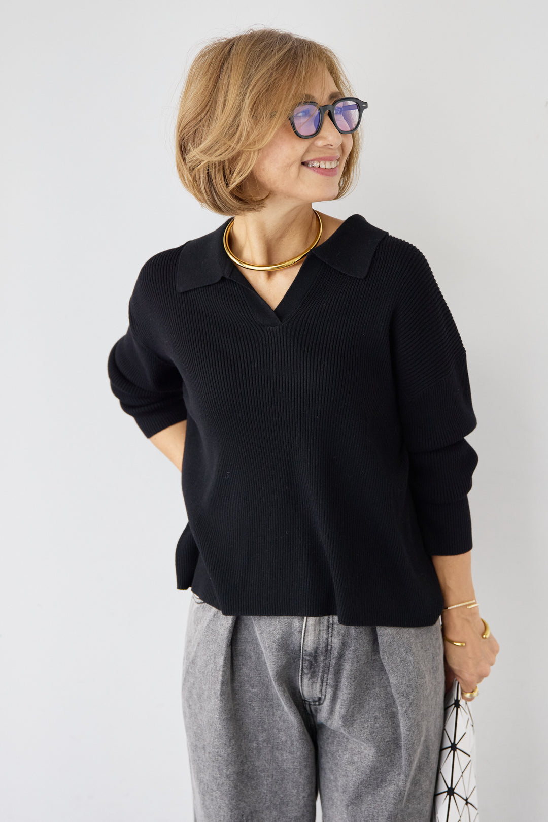 スキッパーカラーリブニット