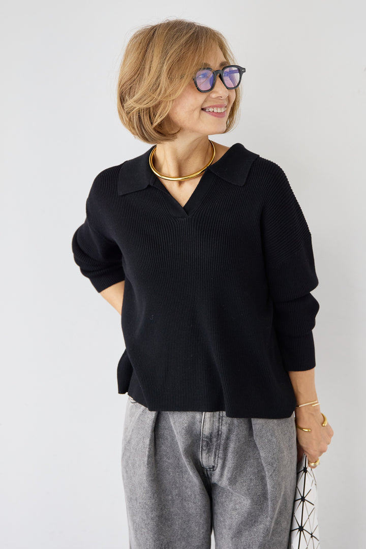 スキッパーカラーリブニット