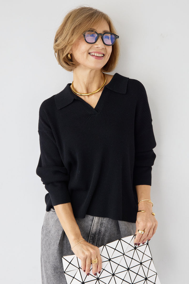 スキッパーカラーリブニット