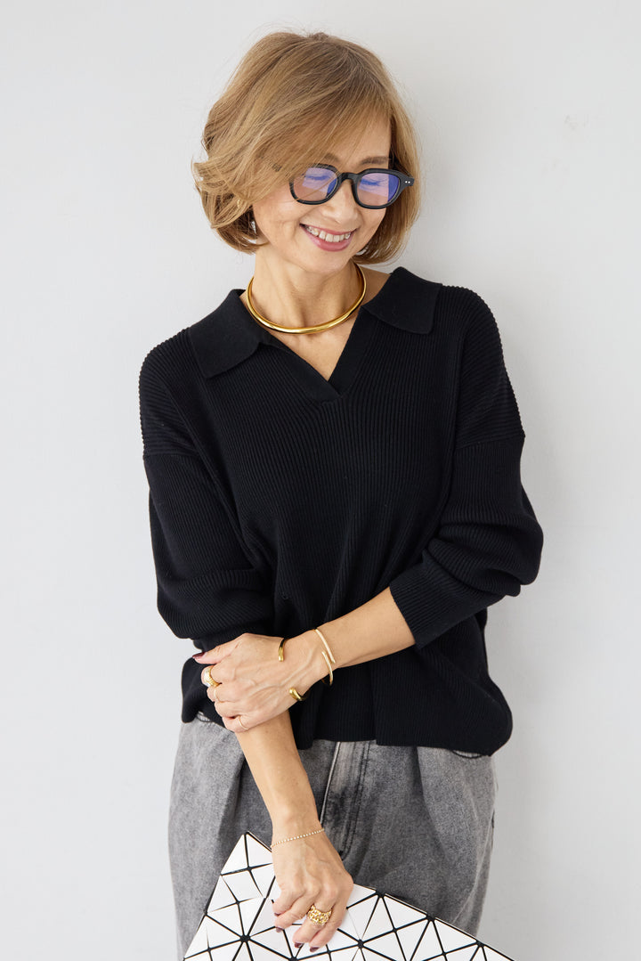 スキッパーカラーリブニット