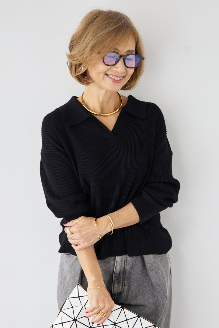 スキッパーカラーリブニット