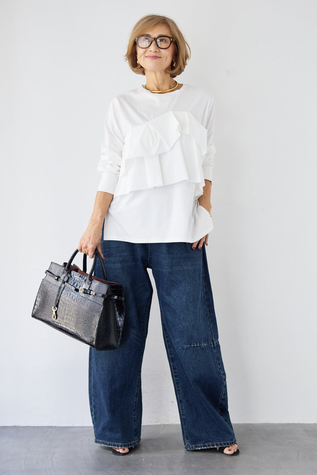 [SET]コンパクトスムース ドッキングフリル+カーブデニムパンツ(2set)