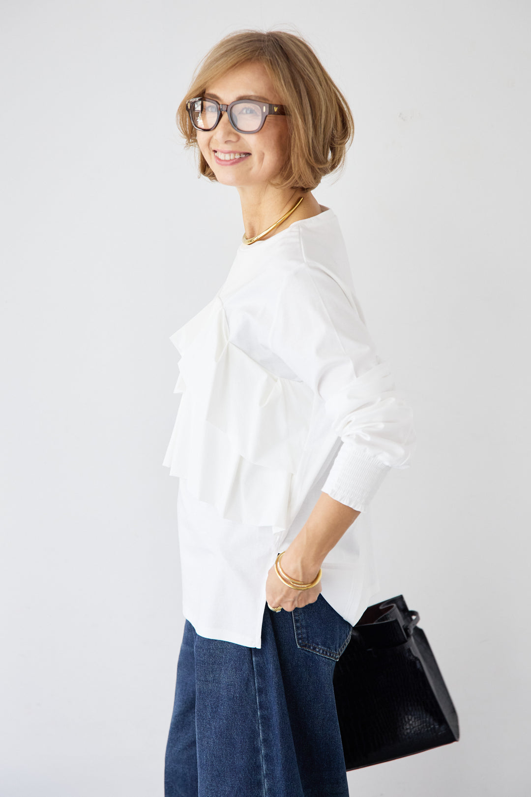 [SET]コンパクトスムース ドッキングフリル+カーブデニムパンツ(2set)