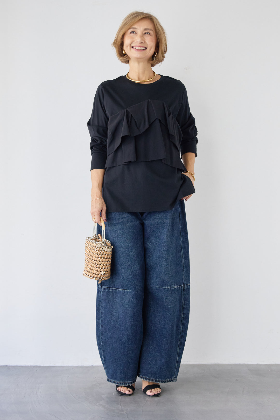 [SET]コンパクトスムース ドッキングフリル+カーブデニムパンツ(2set)