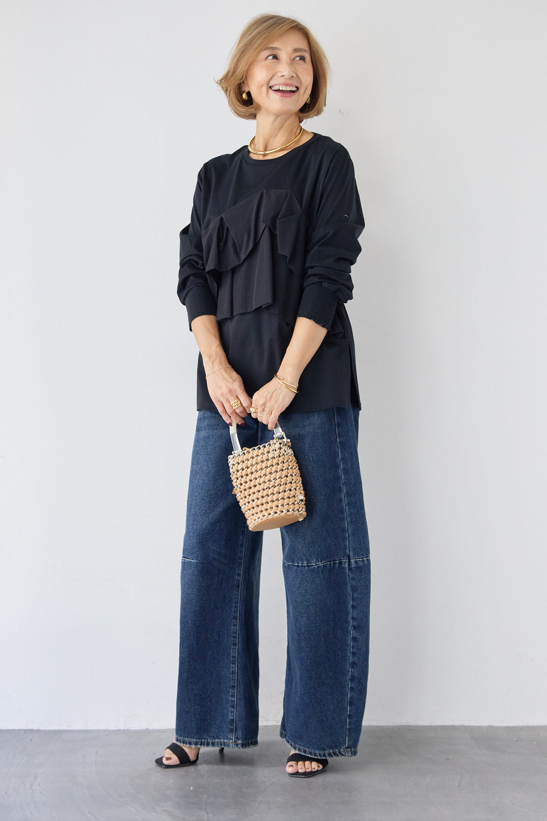 [SET]コンパクトスムース ドッキングフリル+カーブデニムパンツ(2set)