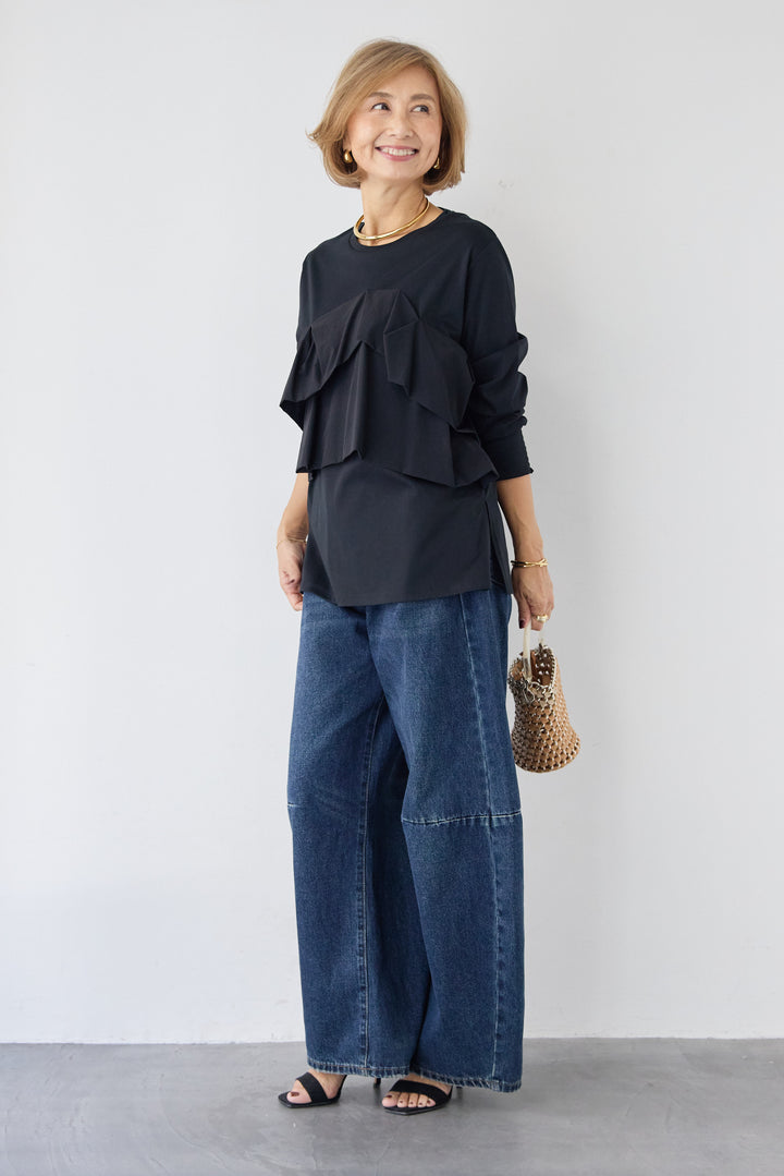 [SET]コンパクトスムース ドッキングフリル+カーブデニムパンツ(2set)