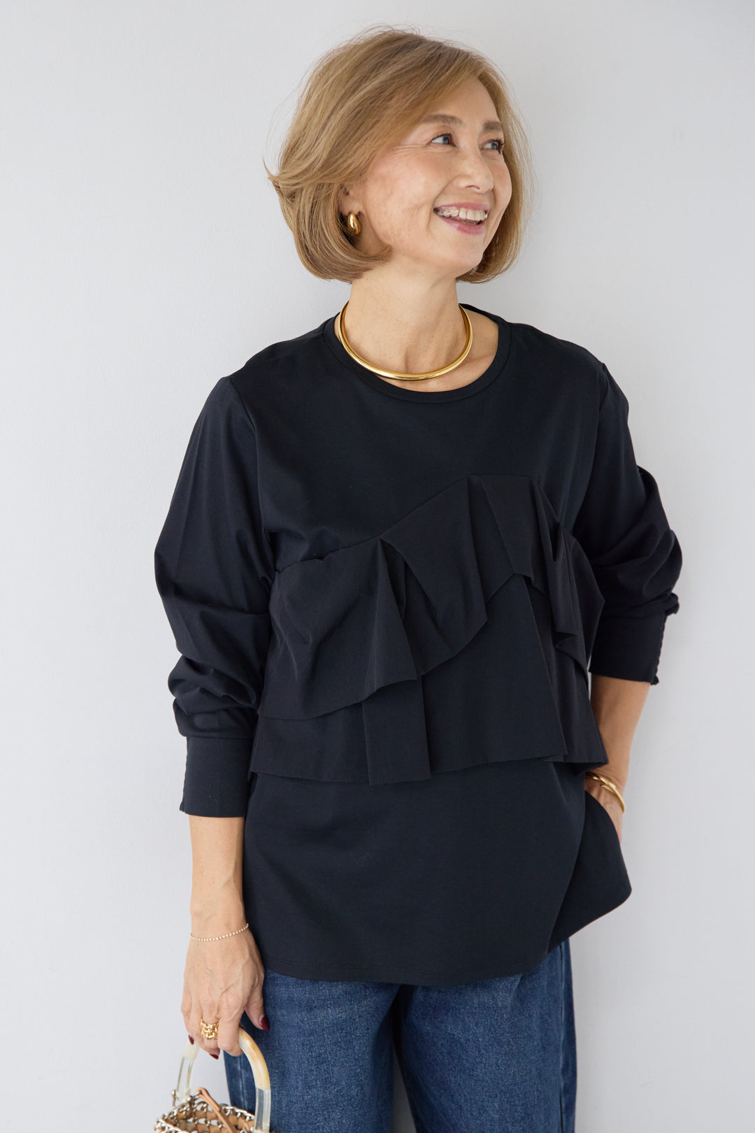 [SET]コンパクトスムース ドッキングフリル+カーブデニムパンツ(2set)