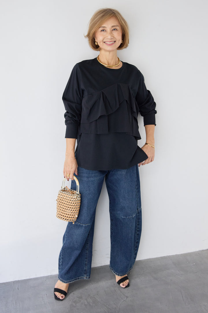 [SET]コンパクトスムース ドッキングフリル+カーブデニムパンツ(2set)