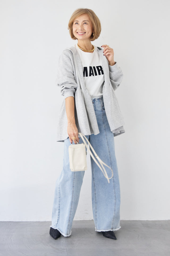 [SET]ペプラムフレアパーカー+ステッチデザインストレッチデニムワイドパンツ(2set)