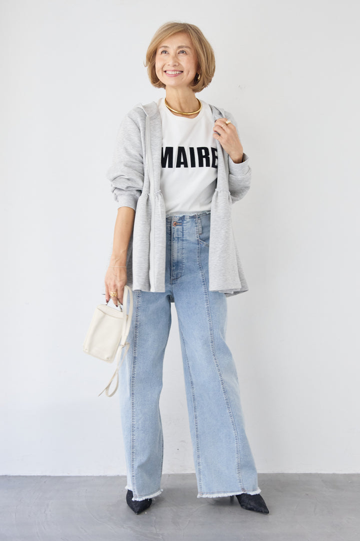 [SET]ペプラムフレアパーカー+ステッチデザインストレッチデニムワイドパンツ(2set)