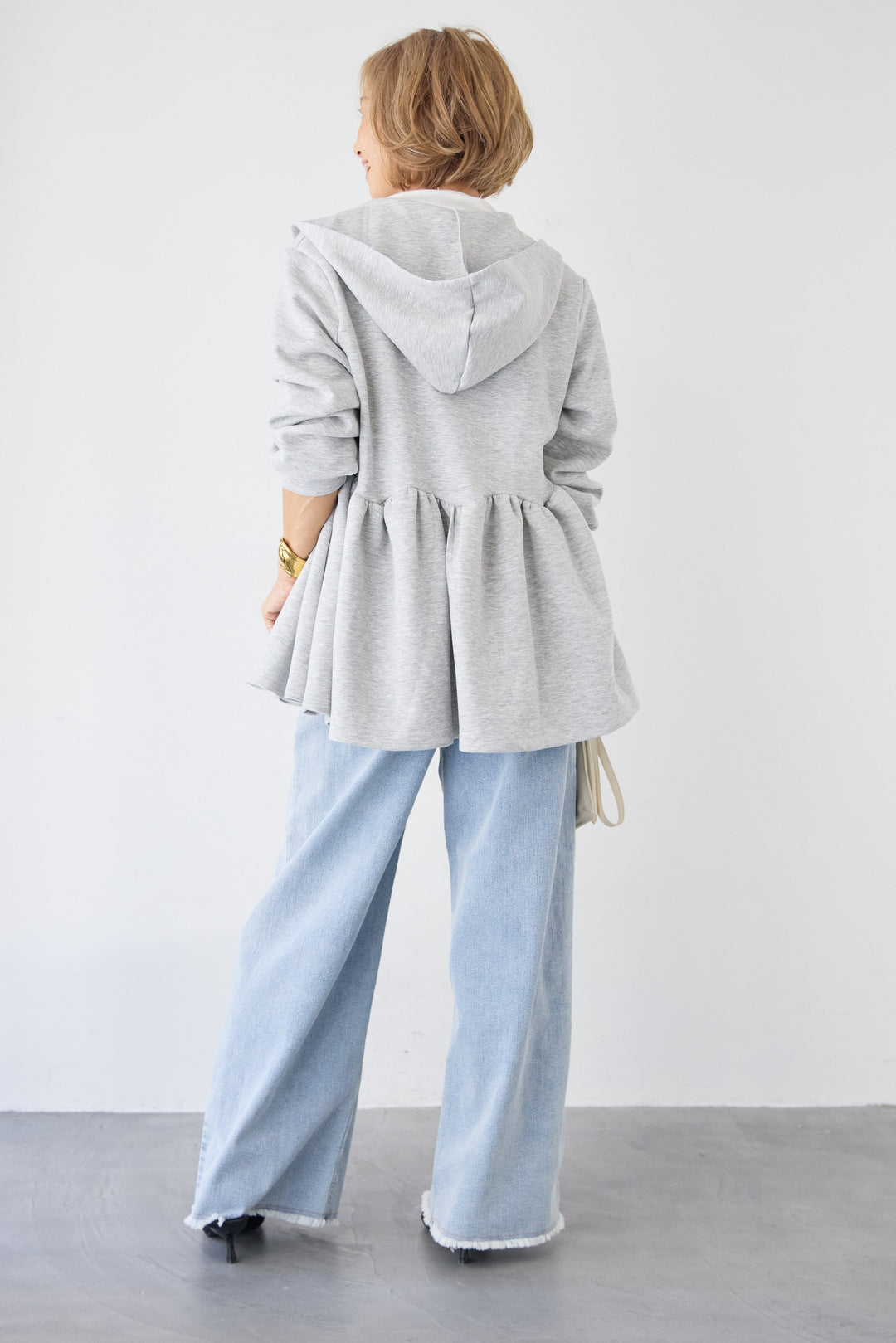 [SET]ペプラムフレアパーカー+ステッチデザインストレッチデニムワイドパンツ(2set)