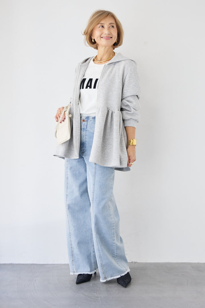 [SET]ペプラムフレアパーカー+ステッチデザインストレッチデニムワイドパンツ(2set)
