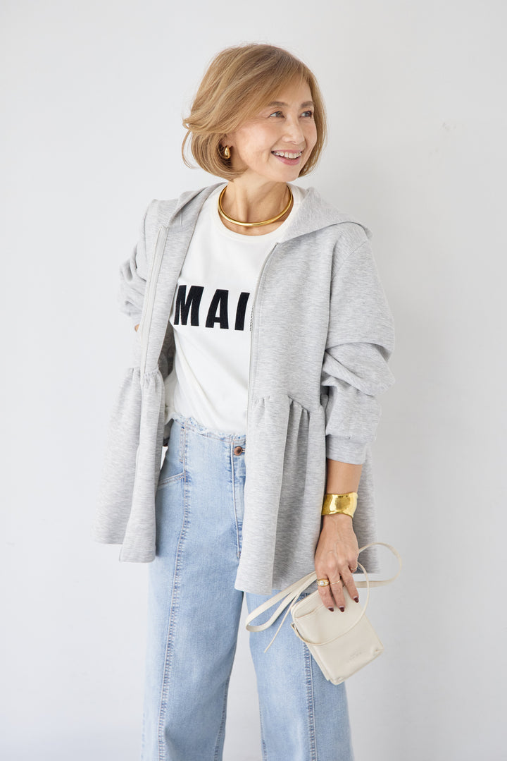 [SET]ペプラムフレアパーカー+ステッチデザインストレッチデニムワイドパンツ(2set)