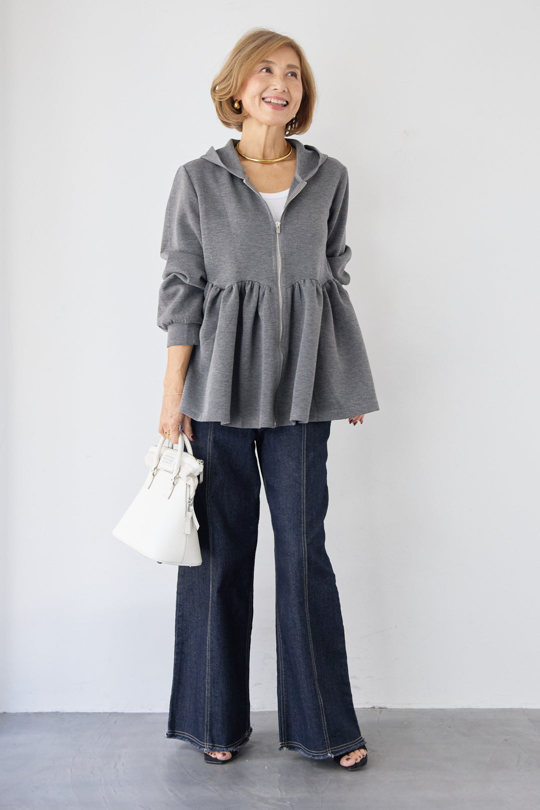 [SET]ペプラムフレアパーカー+ステッチデザインストレッチデニムワイドパンツ(2set)