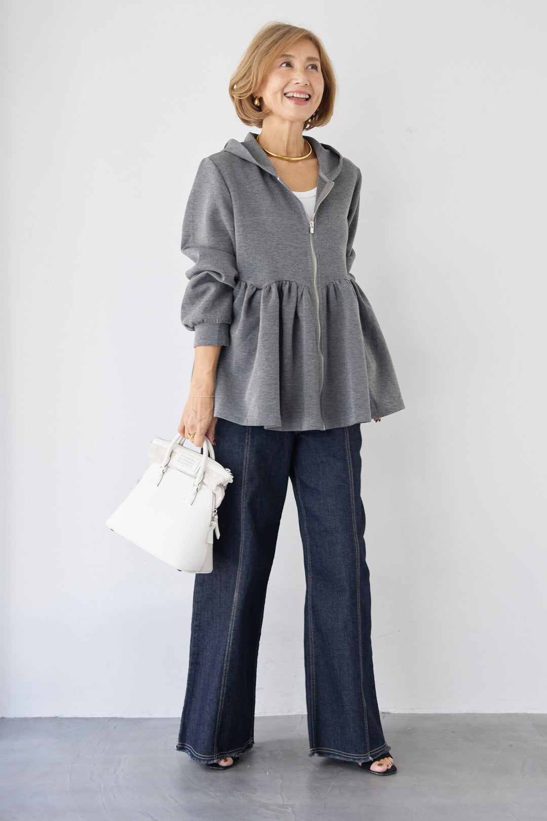 [SET]ペプラムフレアパーカー+ステッチデザインストレッチデニムワイドパンツ(2set)