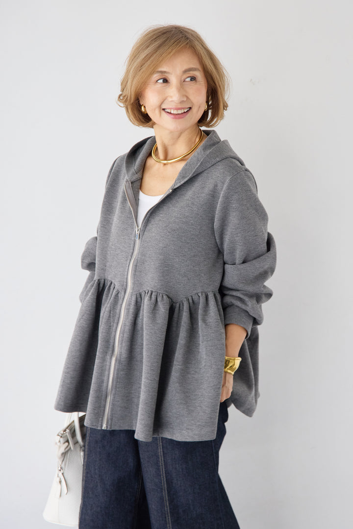 [SET]ペプラムフレアパーカー+ステッチデザインストレッチデニムワイドパンツ(2set)