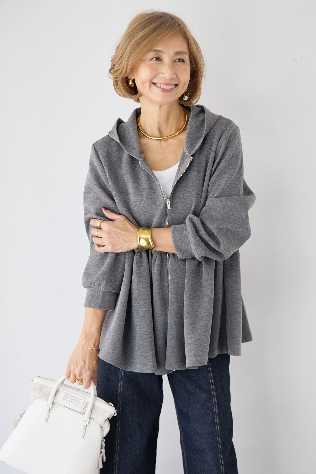 [SET]ペプラムフレアパーカー+ステッチデザインストレッチデニムワイドパンツ(2set)