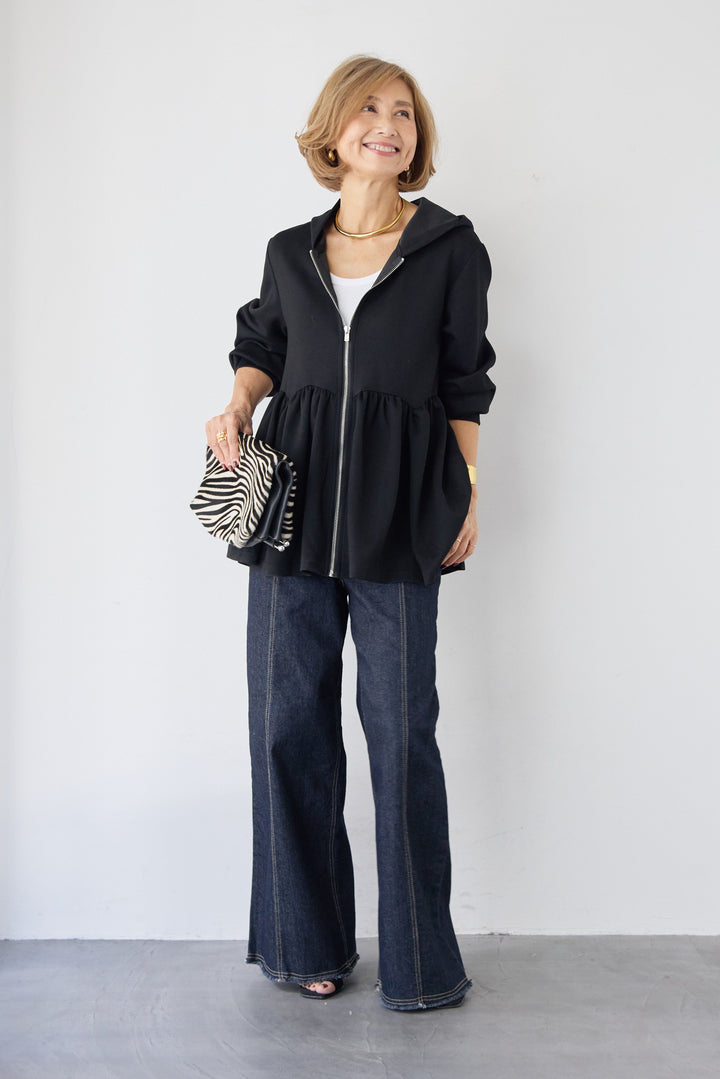 [SET]ペプラムフレアパーカー+ステッチデザインストレッチデニムワイドパンツ(2set)