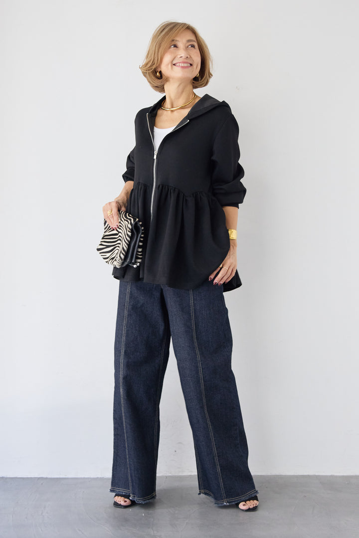 [SET]ペプラムフレアパーカー+ステッチデザインストレッチデニムワイドパンツ(2set)