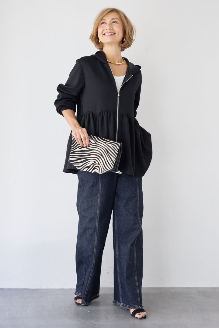 [SET]ペプラムフレアパーカー+ステッチデザインストレッチデニムワイドパンツ(2set)