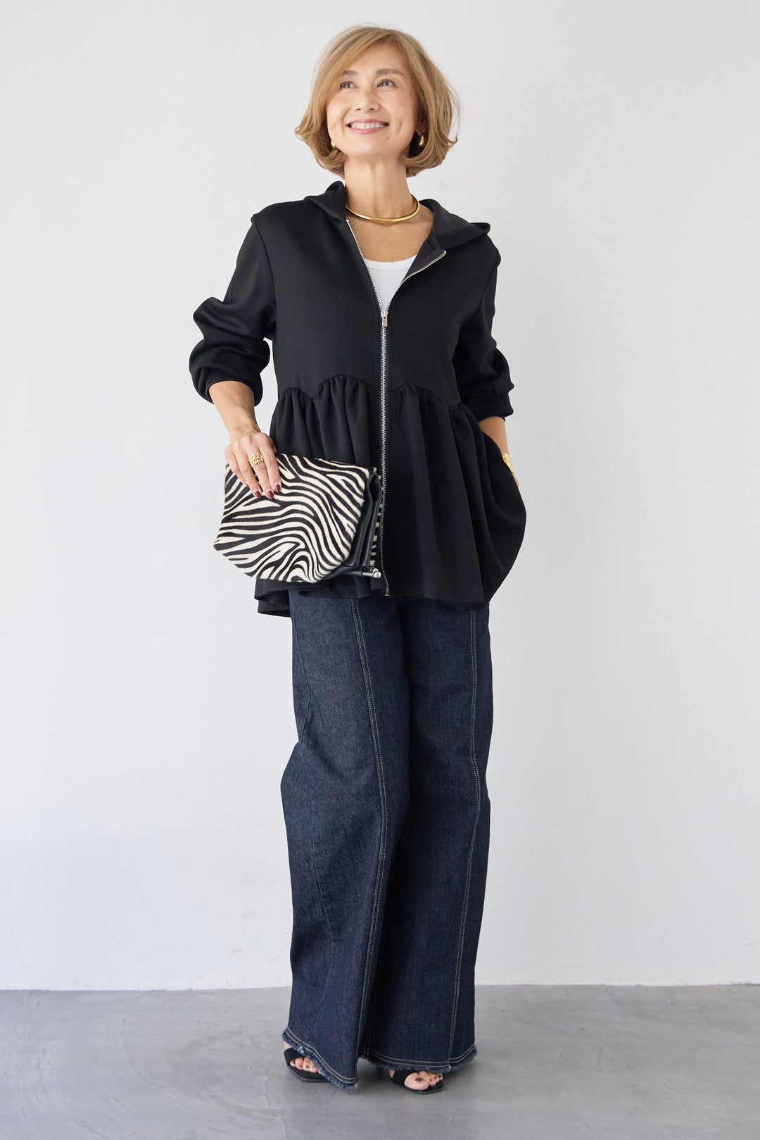 [SET]ペプラムフレアパーカー+ステッチデザインストレッチデニムワイドパンツ(2set)