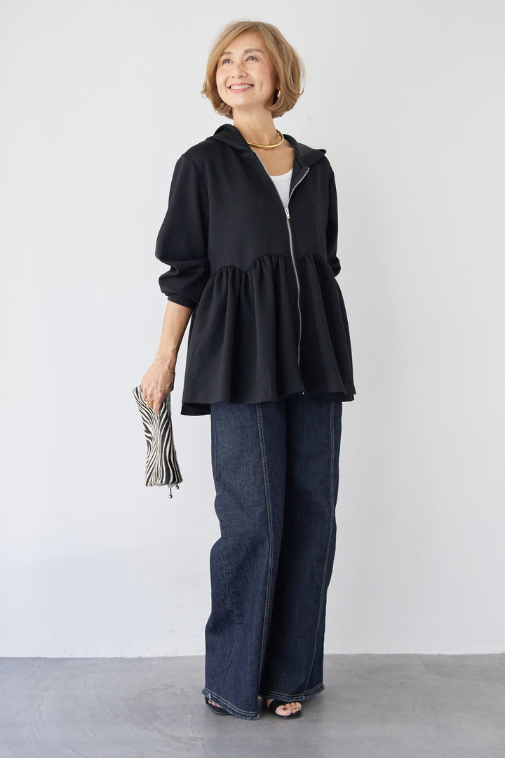 [SET]ペプラムフレアパーカー+ステッチデザインストレッチデニムワイドパンツ(2set)