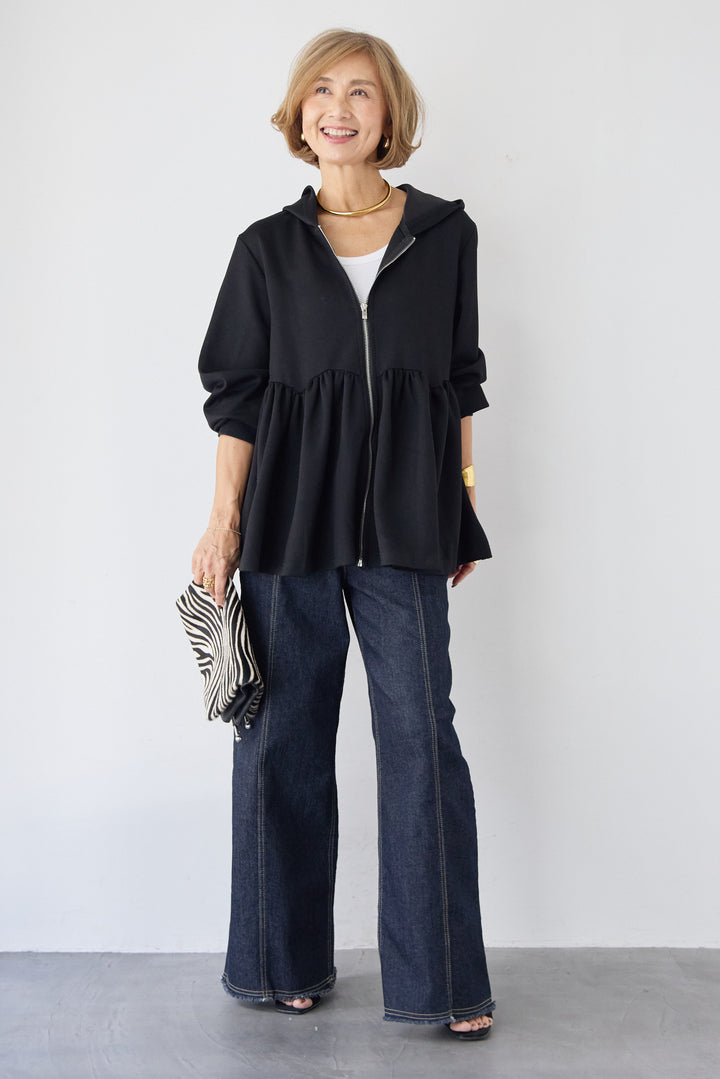 [SET]ペプラムフレアパーカー+ステッチデザインストレッチデニムワイドパンツ(2set)