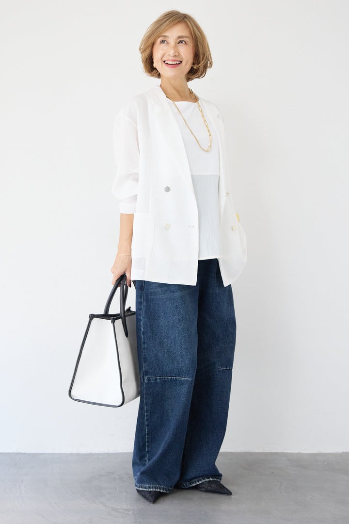 [SET]メッシュジャガードジャケット+カーブデニムパンツ+異素材コンビ  ノースリーブプルオーバー(3set)