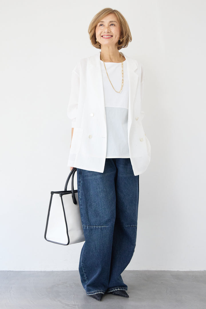 [SET]メッシュジャガードジャケット+カーブデニムパンツ+異素材コンビ  ノースリーブプルオーバー(3set)