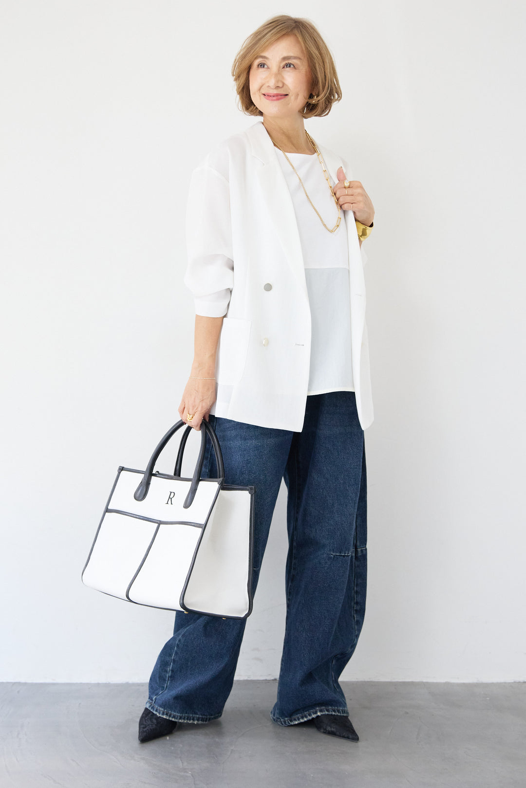 [SET]メッシュジャガードジャケット+カーブデニムパンツ+異素材コンビ  ノースリーブプルオーバー(3set)