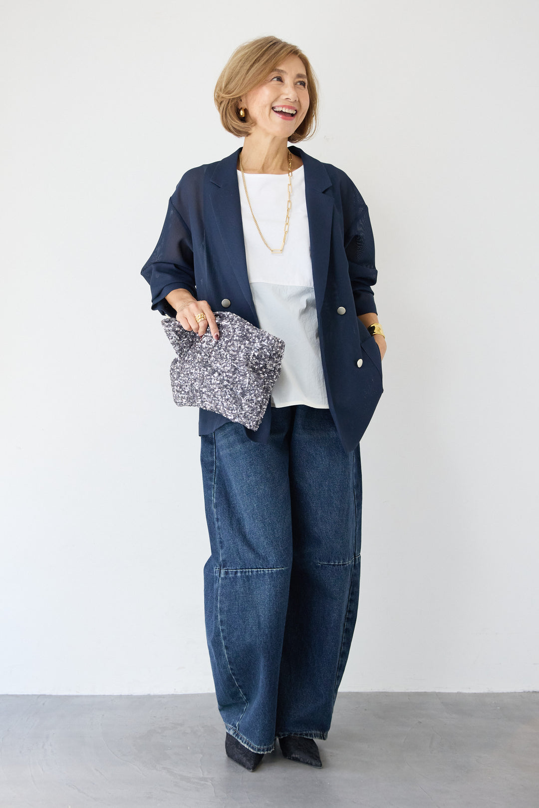 [SET]メッシュジャガードジャケット+カーブデニムパンツ(2set)