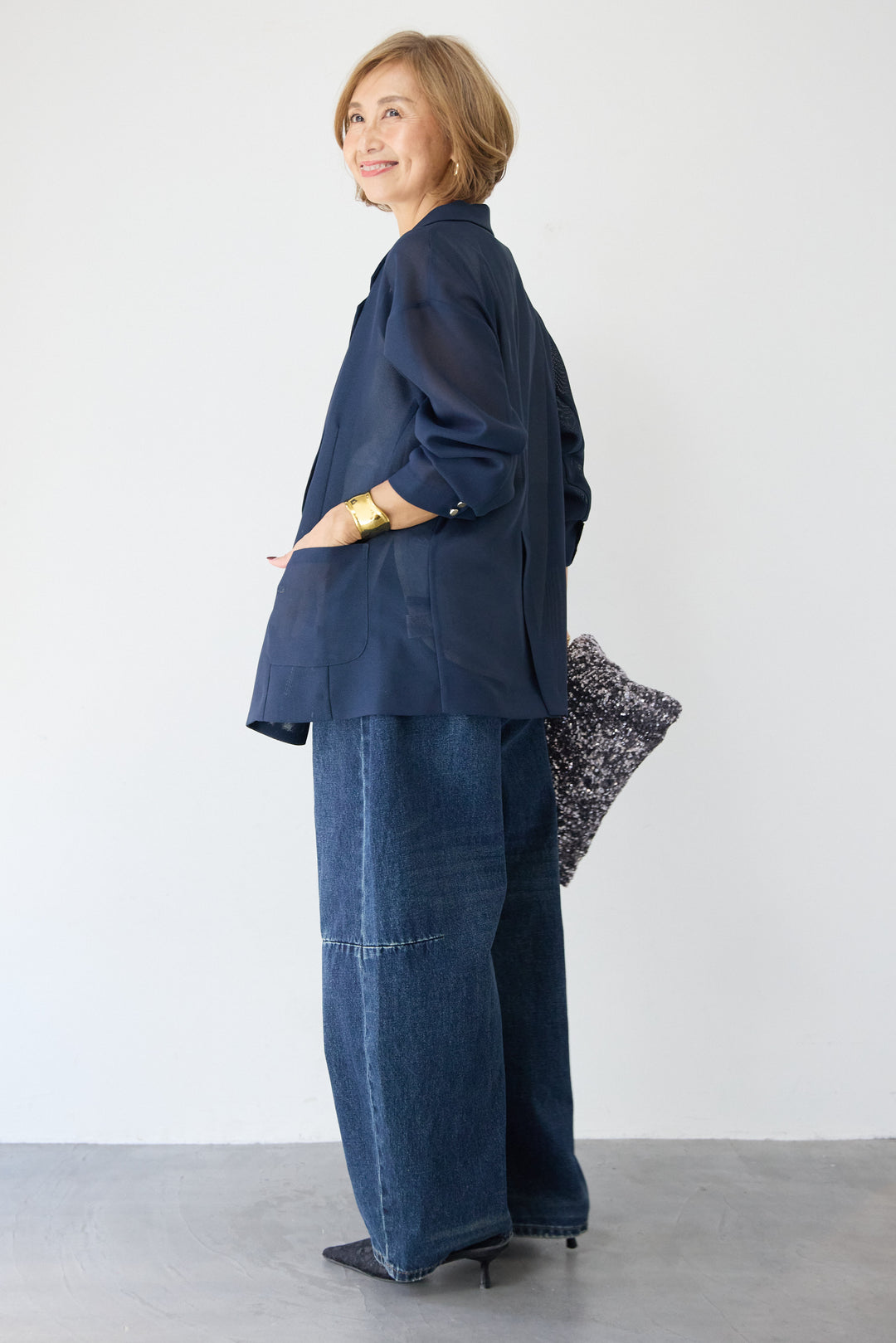 [SET]メッシュジャガードジャケット+カーブデニムパンツ(2set)