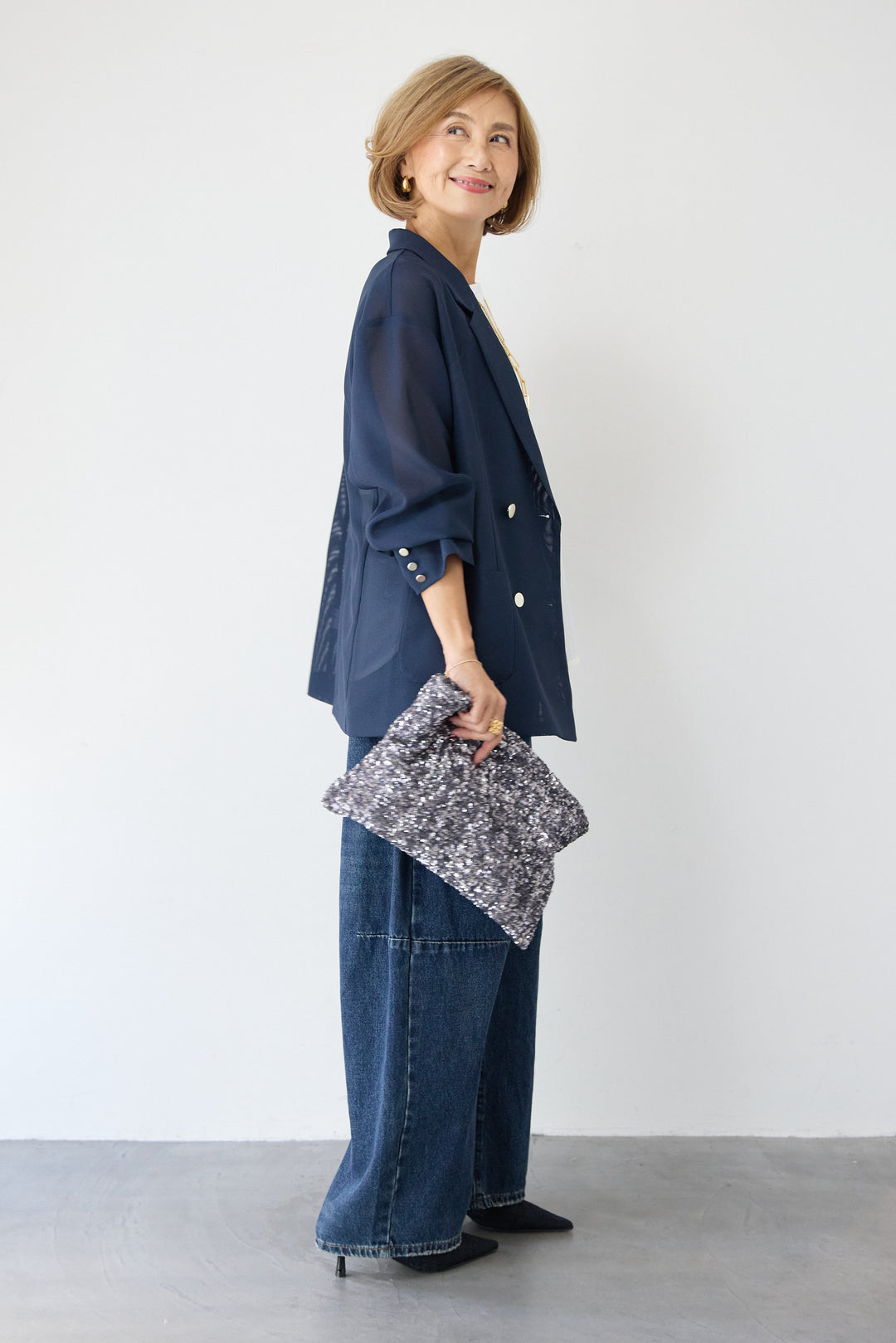 [SET]メッシュジャガードジャケット+カーブデニムパンツ+異素材コンビ  ノースリーブプルオーバー(3set)