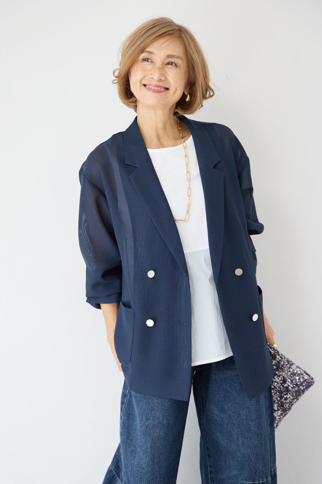 [SET]メッシュジャガードジャケット+カーブデニムパンツ(2set)