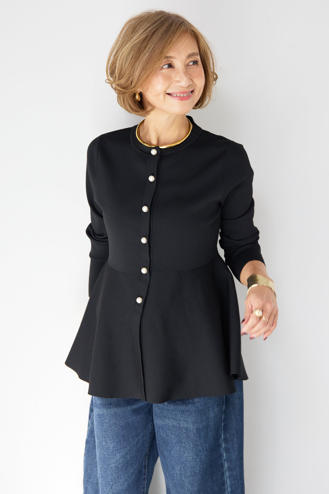 パールボタンペプラムカーディガン