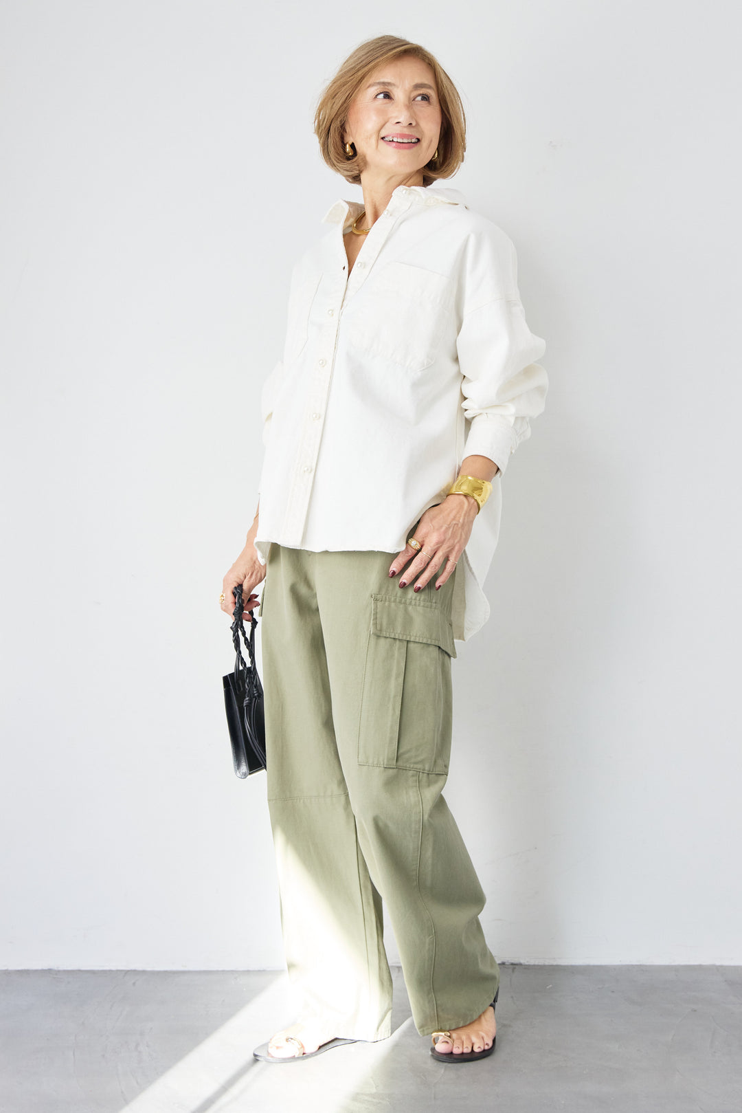 [SET]パールボタンデニムシャツ+テンセルカーゴパンツ(2set)